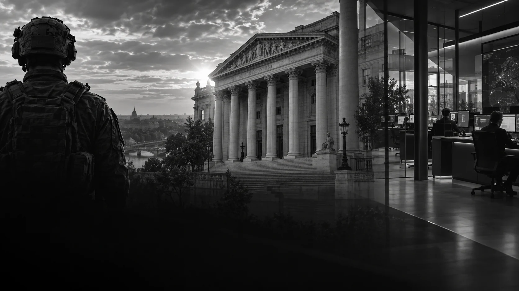 Composition illustrative en noir et blanc : militaire de dos, architecture civique et centre de supervision